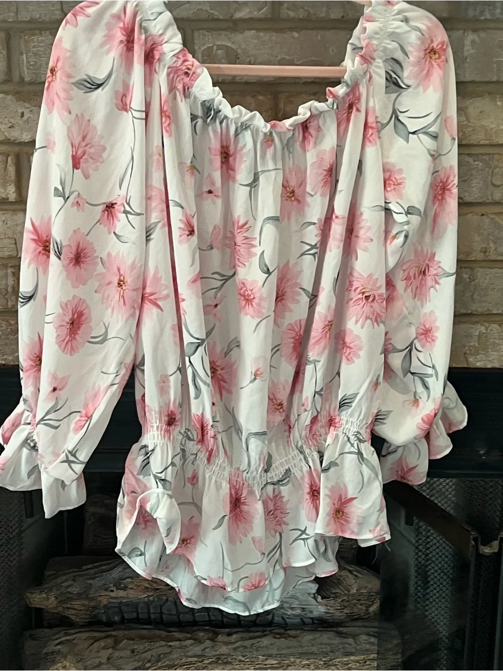 White and Pink Floral Ruffle Peasant Blouse